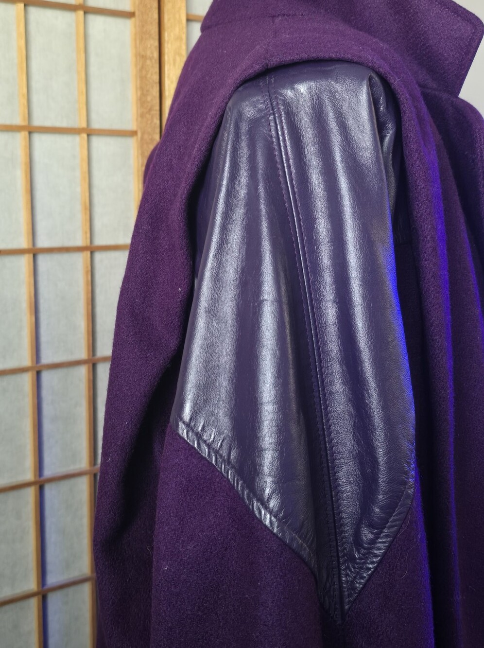 Vintage 1980's Purple Wool And Leather Coat Women Medium Large